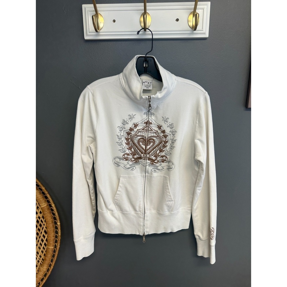 Vintage Roxy Zip Up Hoodie Womens Size L White Sweatshirt Y2K Skate Surf Hearts